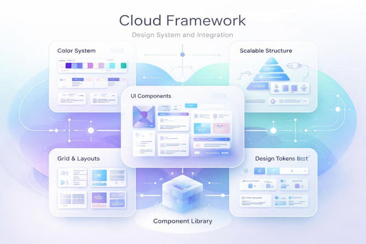 Cloud Framework design system with color system, UI components, scalable structure, grid & layouts, and component library on a light background.