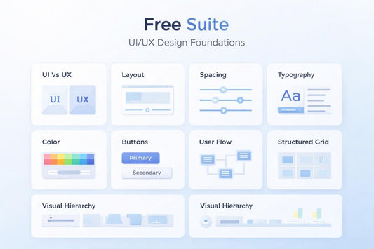 UI/UX design foundations with various elements on a light blue background