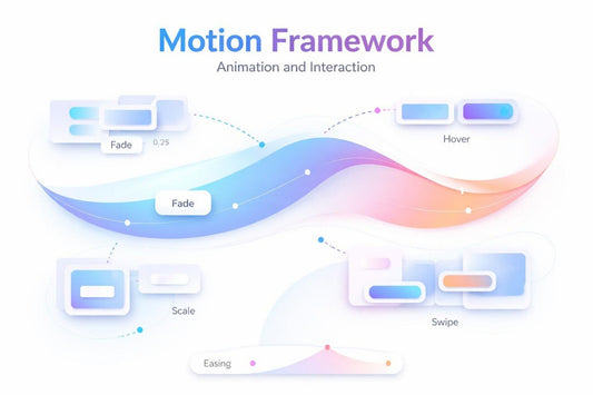 Motion framework diagram with colorful animations and interaction elements on a white background.