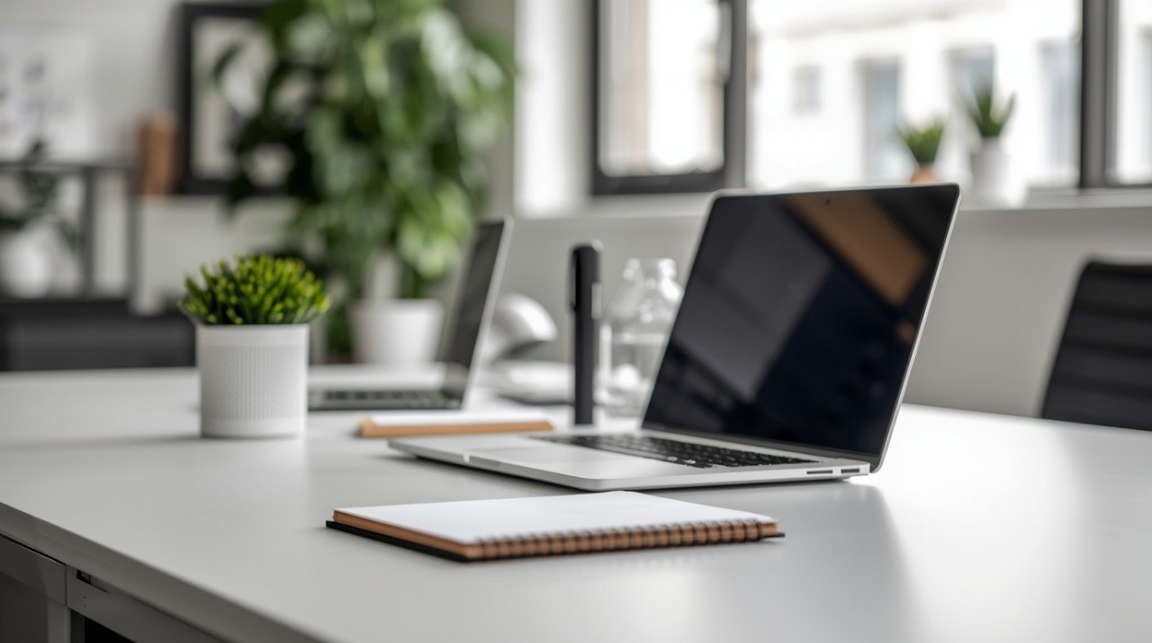 Two laptops on a desk with a notebook and plant in an office setting