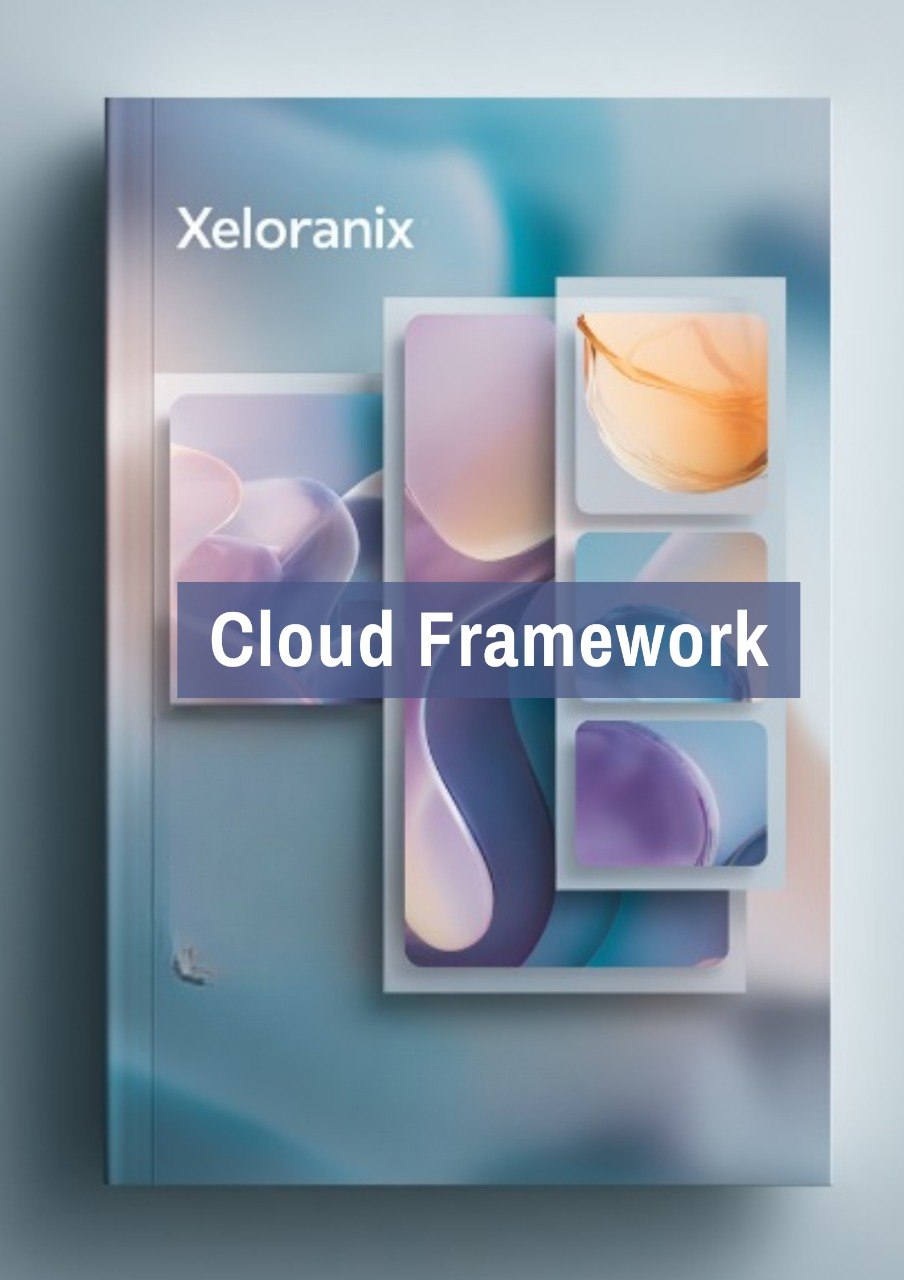Book or cover with Xeloranix Cloud Framework branding on a gradient background