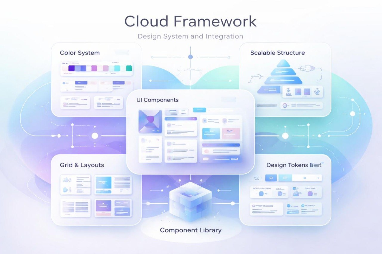 Cloud Framework design system with color system, UI components, scalable structure, grid & layouts, and component library on a light background.