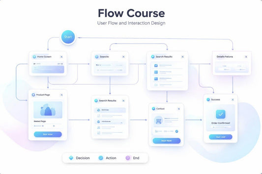 Flow course diagram for user flow and interaction design with various interface elements.