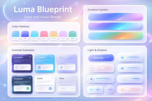 Luma Blueprint color and visual design guide with gradient system, color palettes, contrast examples, and light & shadow effects.