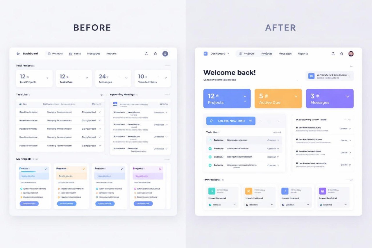 Before and after comparison of a user interface design on a light gray background