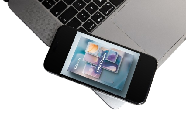 Smartphone displaying an app interface on a laptop keyboard