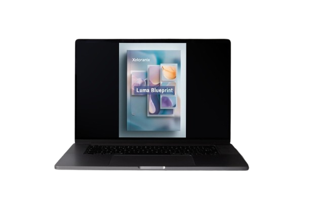 Black laptop with a screen displaying colorful graphics on a white background