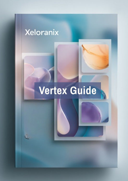 Book titled 'Vertex Guide' by Xeloranix with abstract design on a gradient background
